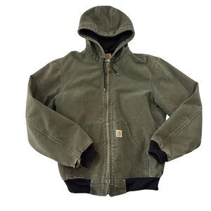 Mens Carhartt jacket vintage green duck canvas distressed hooded lined sz Med.